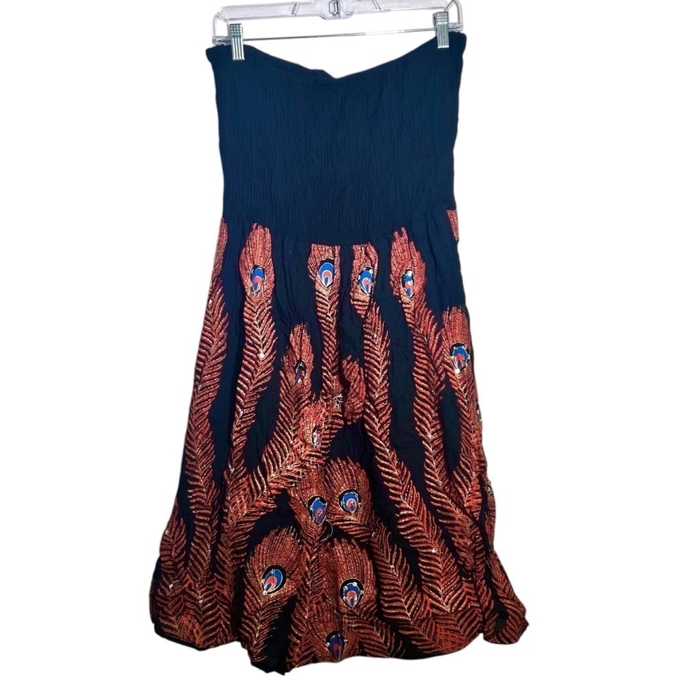 Cassee's Black Orange Strapless Peacock Sequin Dress Large